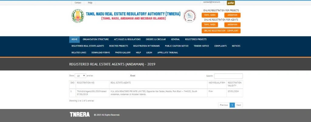 Shows the list of projects registered
