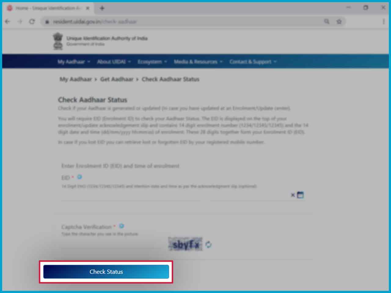 ‘Check Status’ बटन पर क्लिक करें