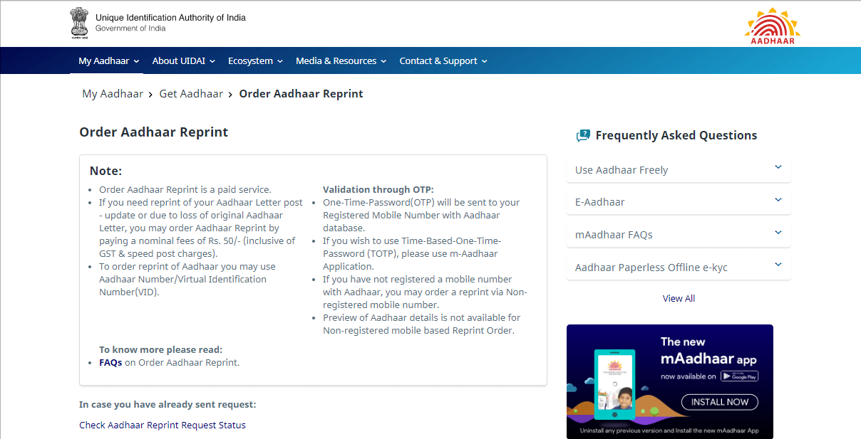 Order Aadhaar Reprint webpage