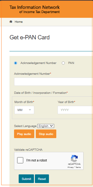 PAN acknowledgement Number
